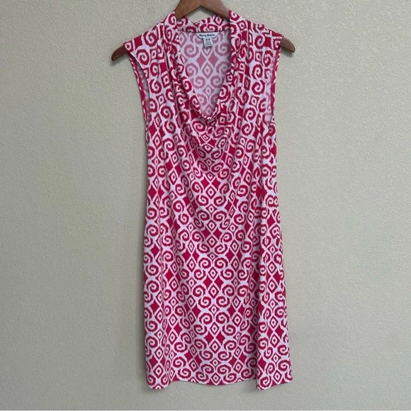 Tommy Bahama Women Medium Red Berry White Cowl Neck Sleeveless Dress Stretch - Picture 1 of 6